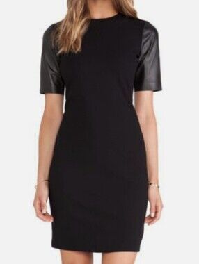 Vince Black Stretch Leather Short Sleeve Pencil Sheath Dress